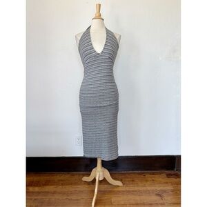 Black & White Striped V-Neck Fitted Halter Midi Dress